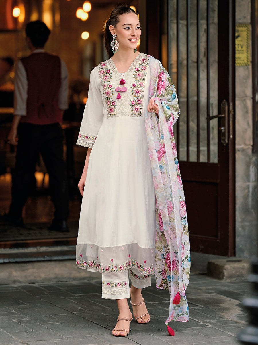 Indo Era Off White Embroidered Straight Kurta Trousers With Dupatta Set main image 1