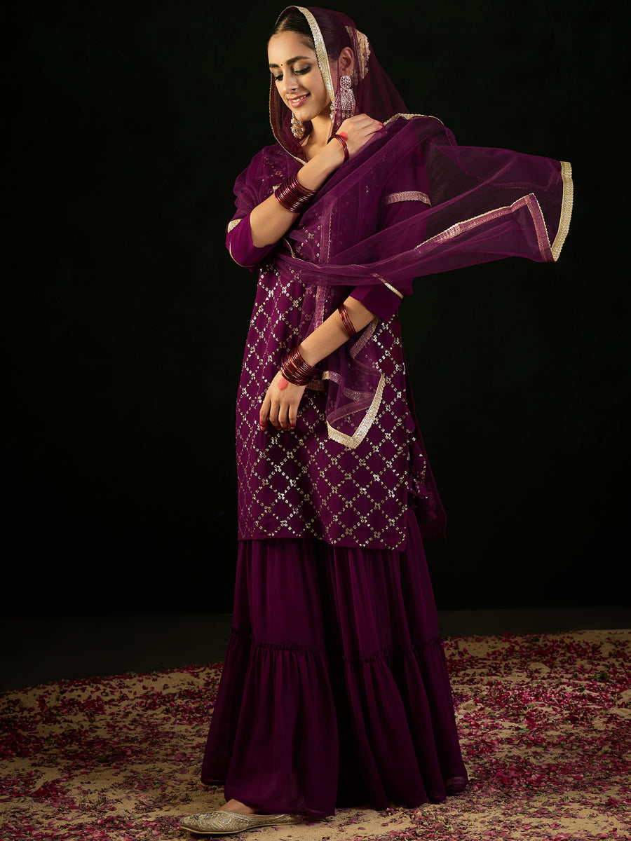 Indo Era Burgundy Embroidered Straight Kurta Sharara With Dupatta set ...
