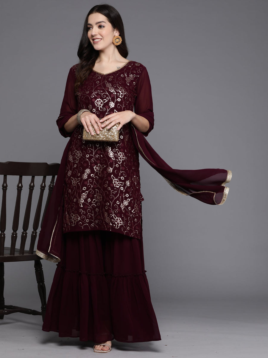 Women Maroon Embroidered Straight Kurta Sharara With Dupatta Set