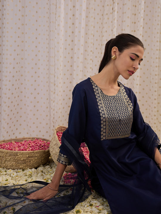 Indo Era Navy Blue Yoke Design Straight Kurta Palazzos With Dupatta set