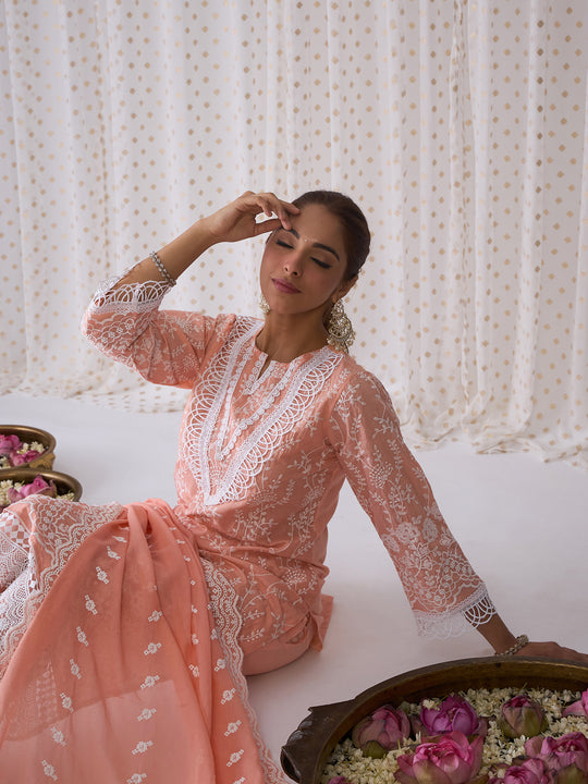Indo Era Peach Embroidered Straight Kurta Trousers With Dupatta set