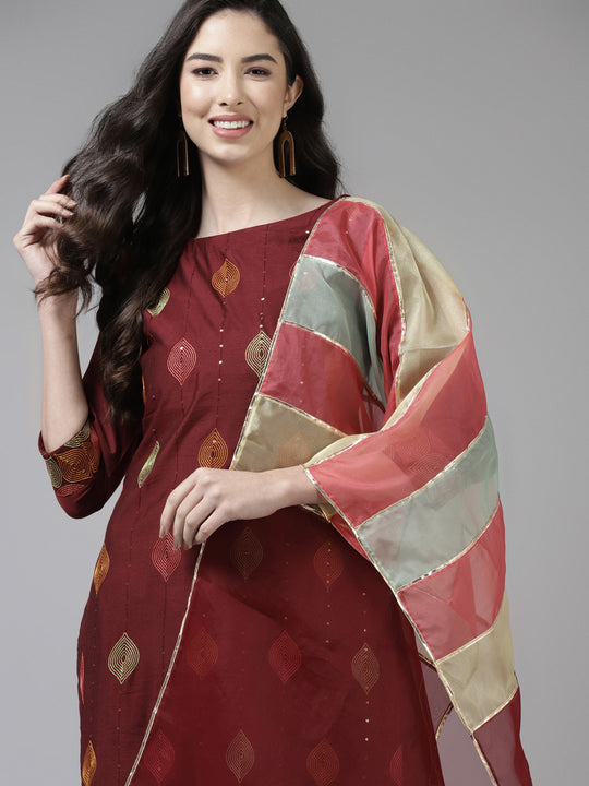 Indo Era Maroon Floral Embroidered Straight Kurta Trouser With Dupatta Set