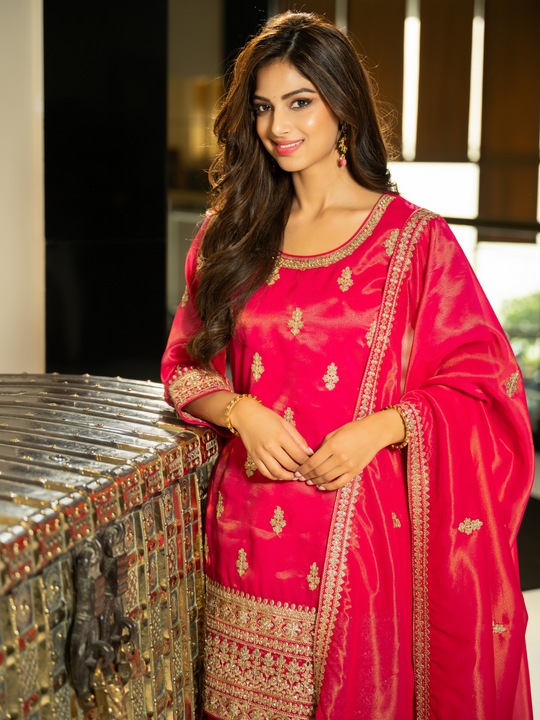 Indo Era Pink Embroidered Straight Kurta Palazzos With Dupatta Set