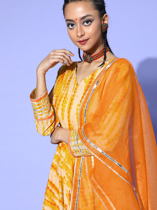 Indo Era Yellow Tie & Dye A-Line Kurta Trouser With Dupatta Set