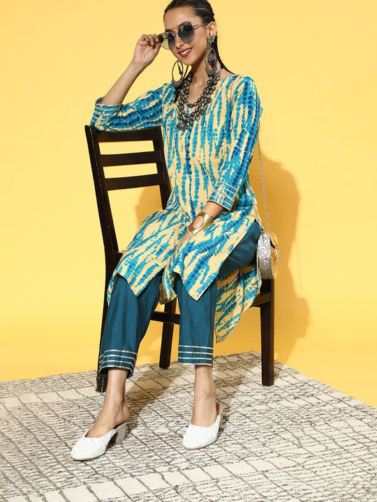 Indo Era Blue Tie & Dye Straight Kurta Palazzo Set