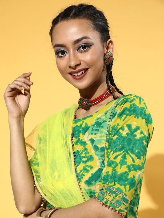 Indo Era Green Tie & Dye A-Line Kurta Palazzo With Dupatta Set