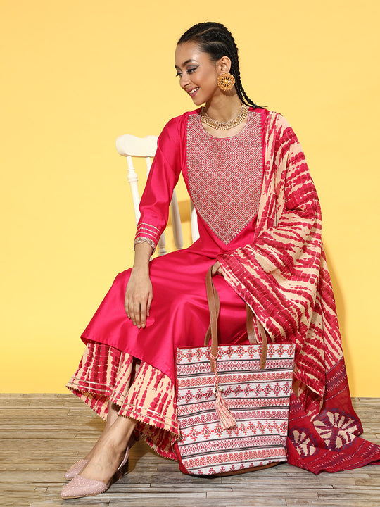 Indo Era Pink Tie & Dye A-Line Kurta Palazzo With Dupatta Set