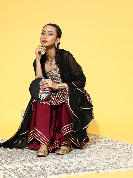 Indo Era Maroon Tie & Dye A-Line Kurta Sharara With Dupatta Set