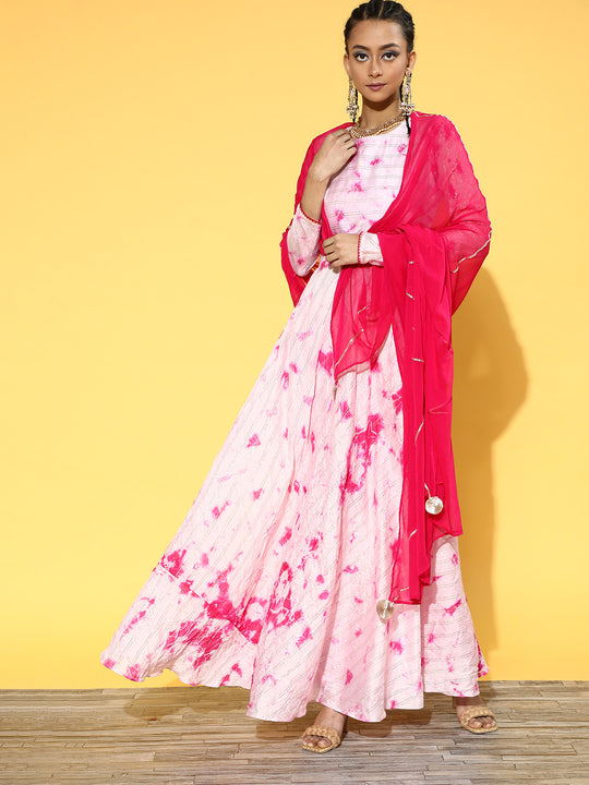 Indo Era Pink Tie & Dye A-Line Kurta Churidar With Dupatta Set