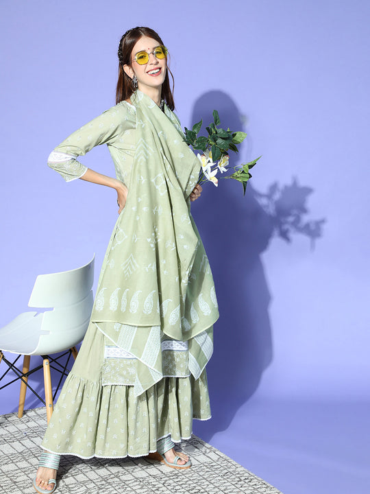 Indo Era Green Printed A-lline Straight Kurta Palazzo With Dupatta Set