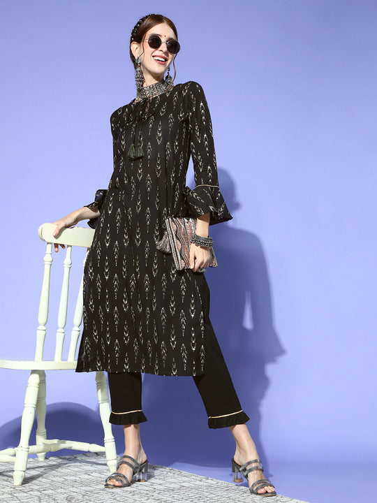 Indo Era Black Printed Straight Kurta With Palazzo Set