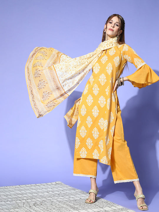Indo Era Yellow Bandhani Printed Straight Kurta Palazzo With Dupatta Set