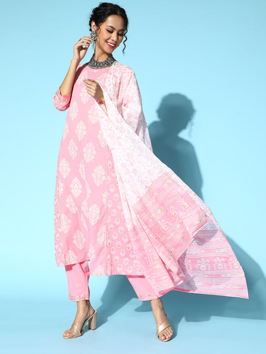 Indo Era Pink Printed A-line Kurta Trouser With Dupatta Set