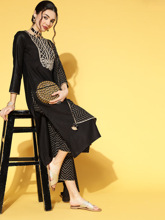 Indo Era Black Solid Straight Kurta Palazzo With Dupatta Set