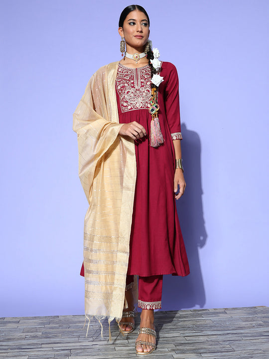Indo Era Maroon Embroidered A-Line Kurta Trousers With Dupatta Set