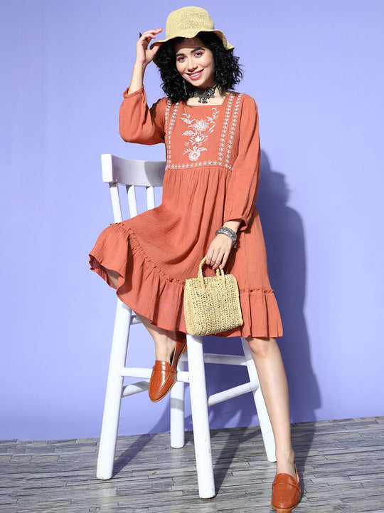 Indo Era Rust Floral Embroidered A-line Dress