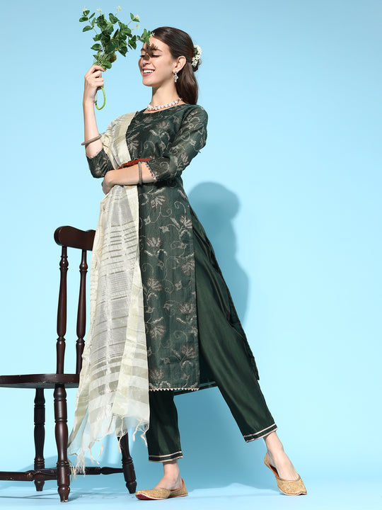 Indo Era Green Printed Straight Kurta Trouser with Dupatta set