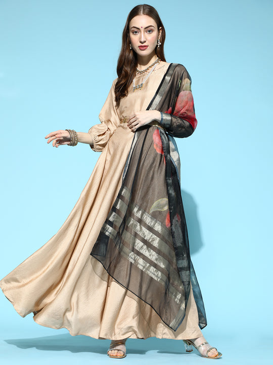 Indo Era Beige Solid Anarkali With Dupatta and Belt Set
