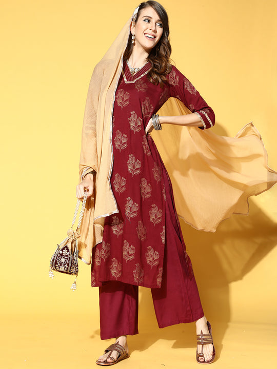 Indo Era Marron Printed Straight Kurta Trouser With Dupatta Set