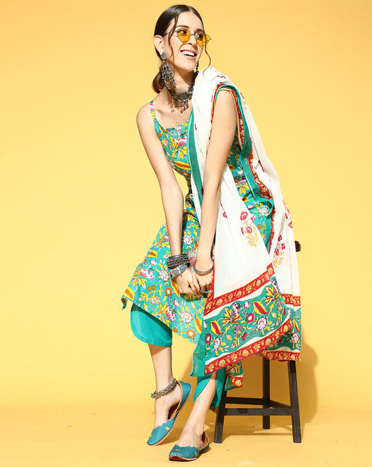 Indo Era Green Printed Straight Kurta Palazzo With Dupatta Set