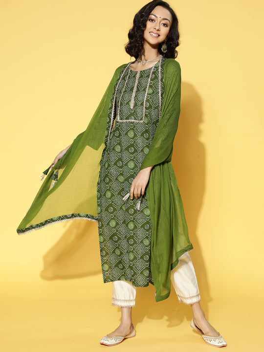 Indo Era Green Printed Straight Kurta Palazzo With Dupatta Set