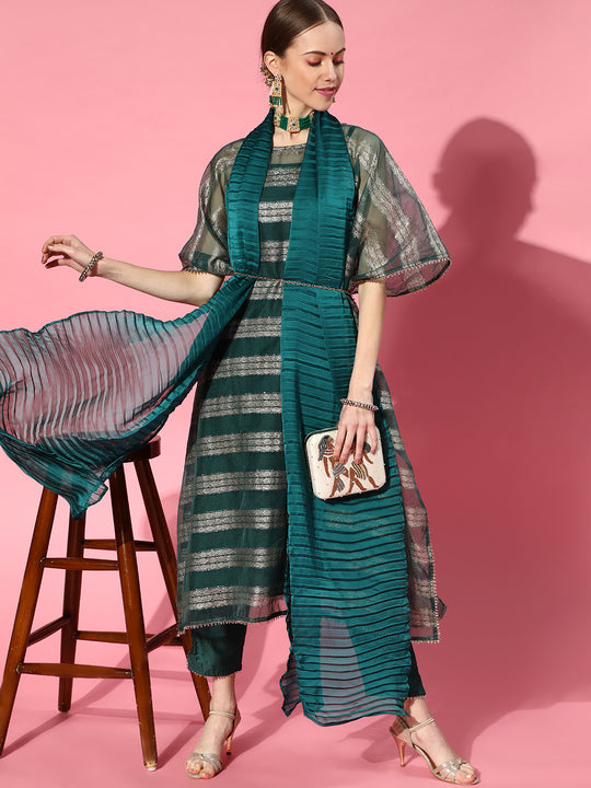 Indo Era Teal Straight Kaftan Trouser With Dupatta Set