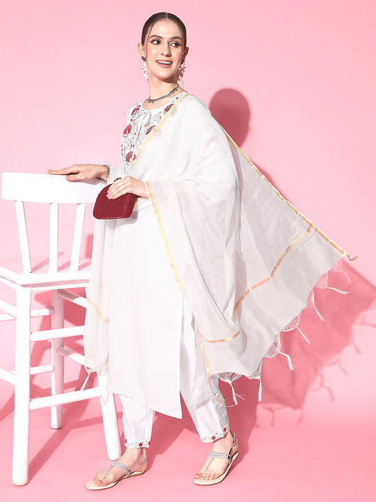 Indo Era White embroidered Kurta with Trousers with dupatta