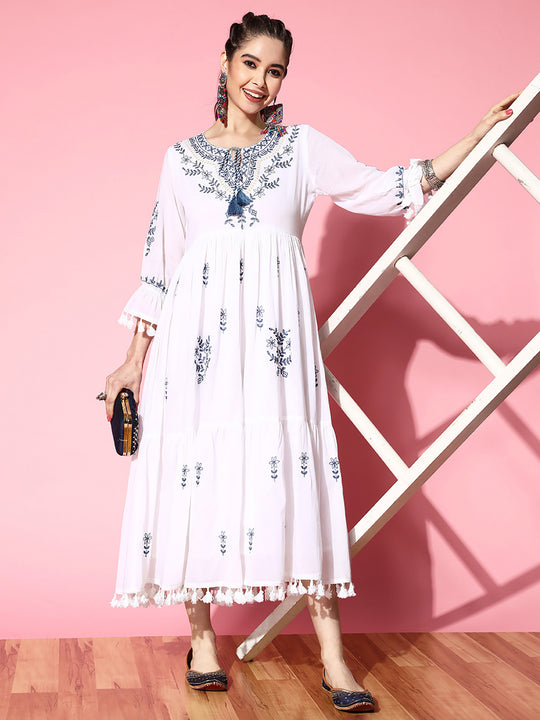 Indo Era White Embroidered A-Line Ethnic Dress