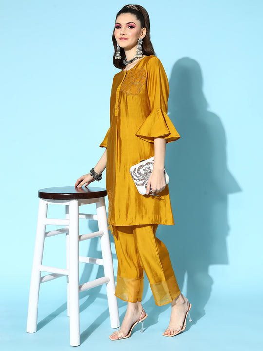 Indo Era Mustard Embroidered A-Line Kurta with Trousers Set