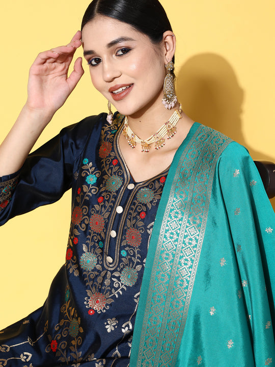 Indo Era Navy Blue Woven Design Straight Kurta Palazzos With Dupatta Set