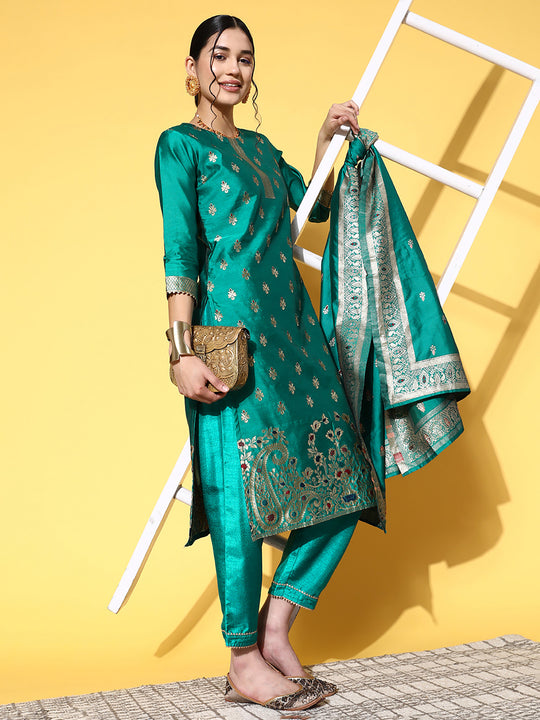 Indo Era Teal Woven Design Straight Kurta Trousers With Dupatta Set