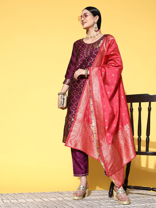 Indo Era Burgundy Woven Design Straight Kurta Palazoos With Dupatta Set