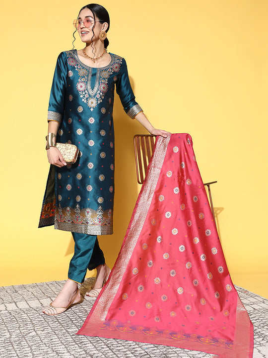 Indo Era Teal Woven Design Straight Kurta Palazzos With Dupatta Set