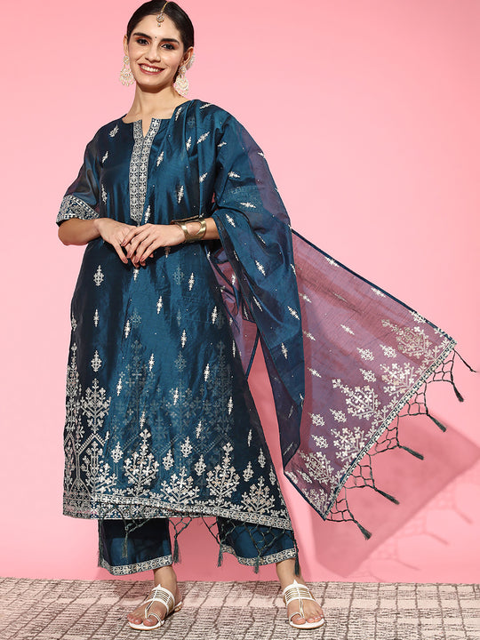Indo Era Blue Embroidered Straight Kurta Palazzos With Dupatta Set