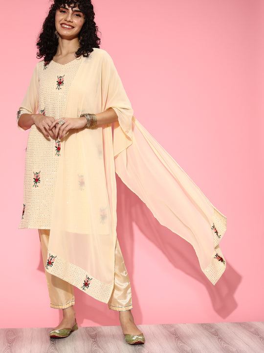 Indo Era Peach Embroidered Straight Kurta Trouser With Dupatta Set