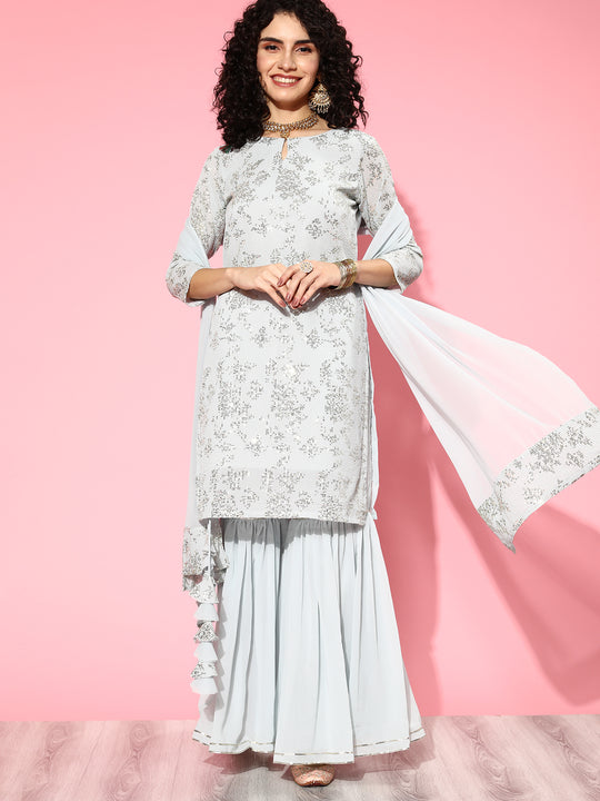 Indo Era White Embroidered Straight Kurta Sharara With Dupatta Set