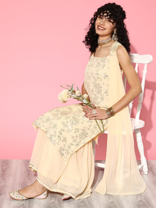 Indo Era Cream Embroidered Straight Kurta Sharara With Dupatta Set
