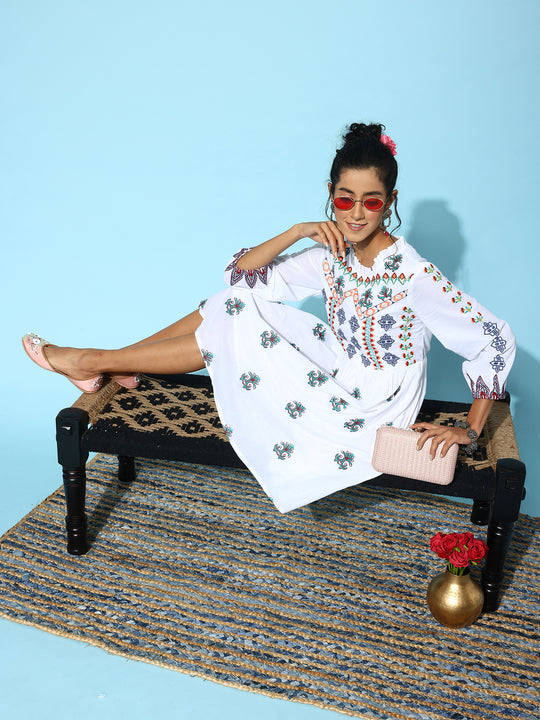 White ethnic motifs embroidered A-line dress