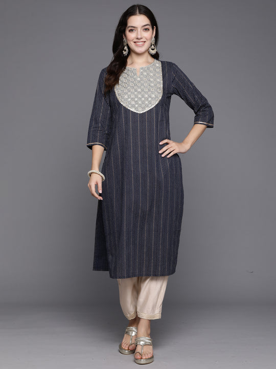 Indo Era Navy Blue Embroidered Straight Kurtas