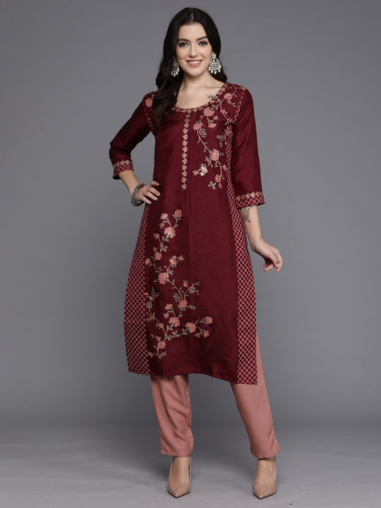 Indo Era Maroon Foil Printed Straight Kurtas