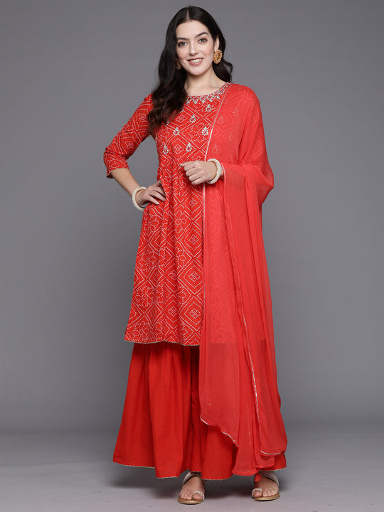 Indo Era Red Sequinced A-line Kurta Sharara With Dupatta Set