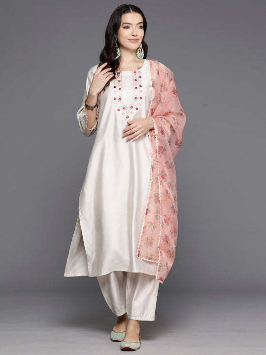 Indo Era Off White Embroidered Straight Kurta Trousers With Dupatta Set