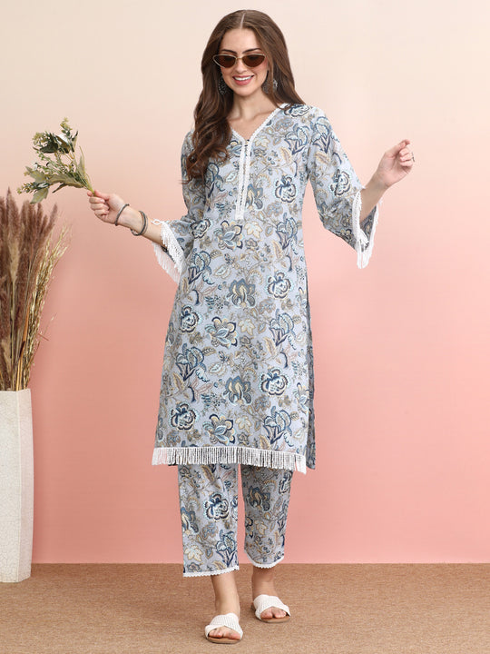 Indo Era Blue Printed Smart Casual Co-Ords Set
