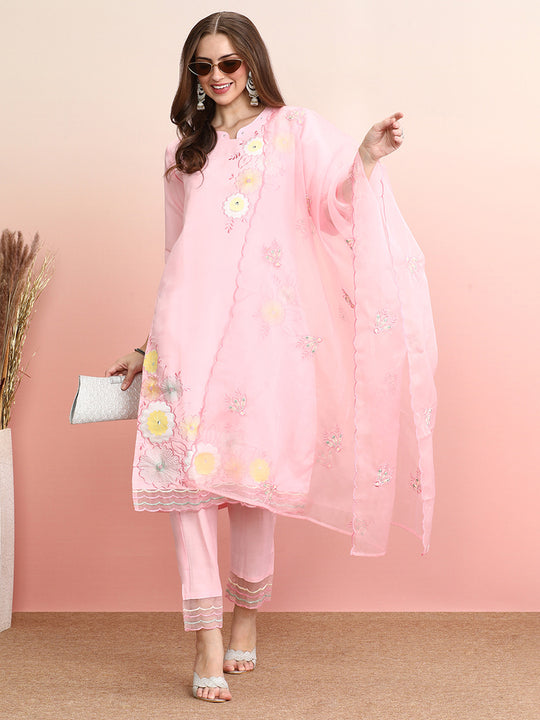 Indo Era Pink Embroidered Ethnic Straight Kurta Trousers With Dupatta Set
