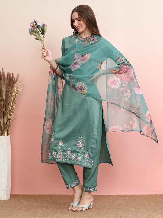 Indo Era Green Embroidered Straight Kurta Trousers With Dupatta Set