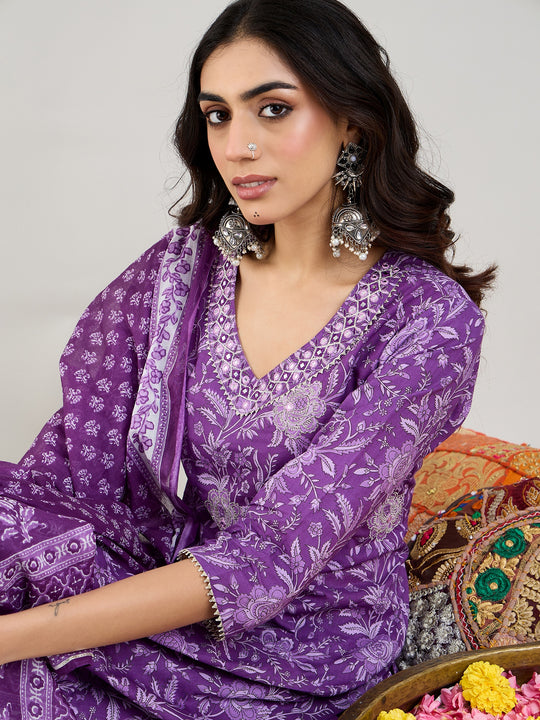 Indo Era Purple Printed Straight Kurta Trousers With Dupatta set