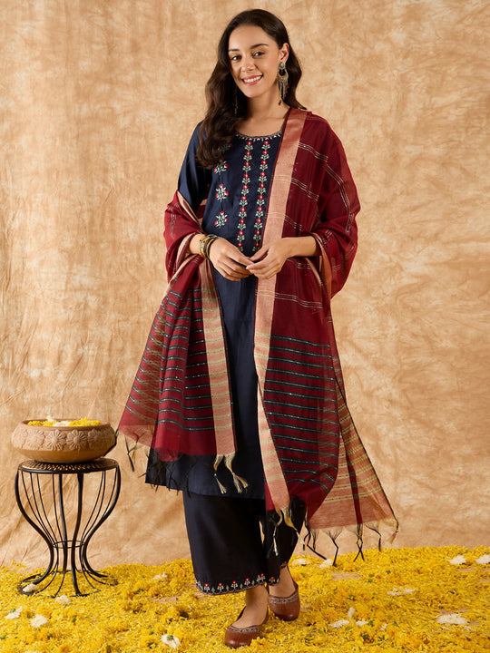 Indo Era Navy Blue Embroidered Straight Kurta Palazzo With Dupatta Set
