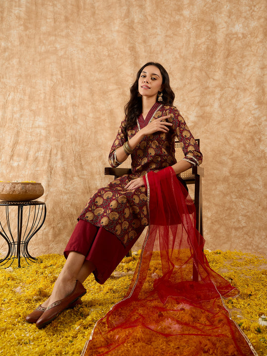 Indo Era Maroon Printed Straight Kurta Palazzo With Dupatta Set