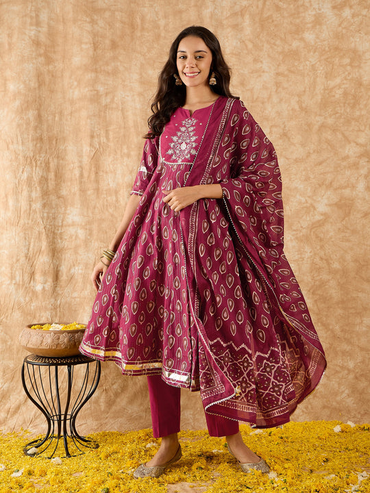 Indo Era Maroon Embroidered A-line Kurta Trouser With Dupatta Set