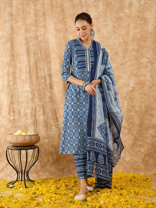 Indo Era Blue Printed A-line Kurta Trouser With Dupatta Set